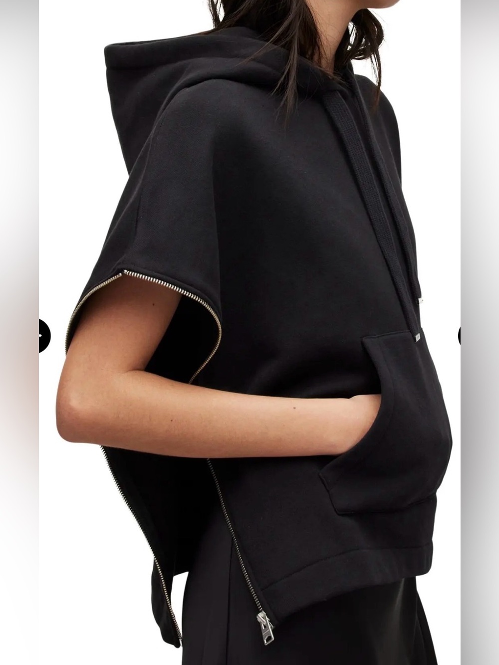 Evereve‎ Oversize Black Hooded Pullover Sleeveless Vertical Zipper Sz Medium